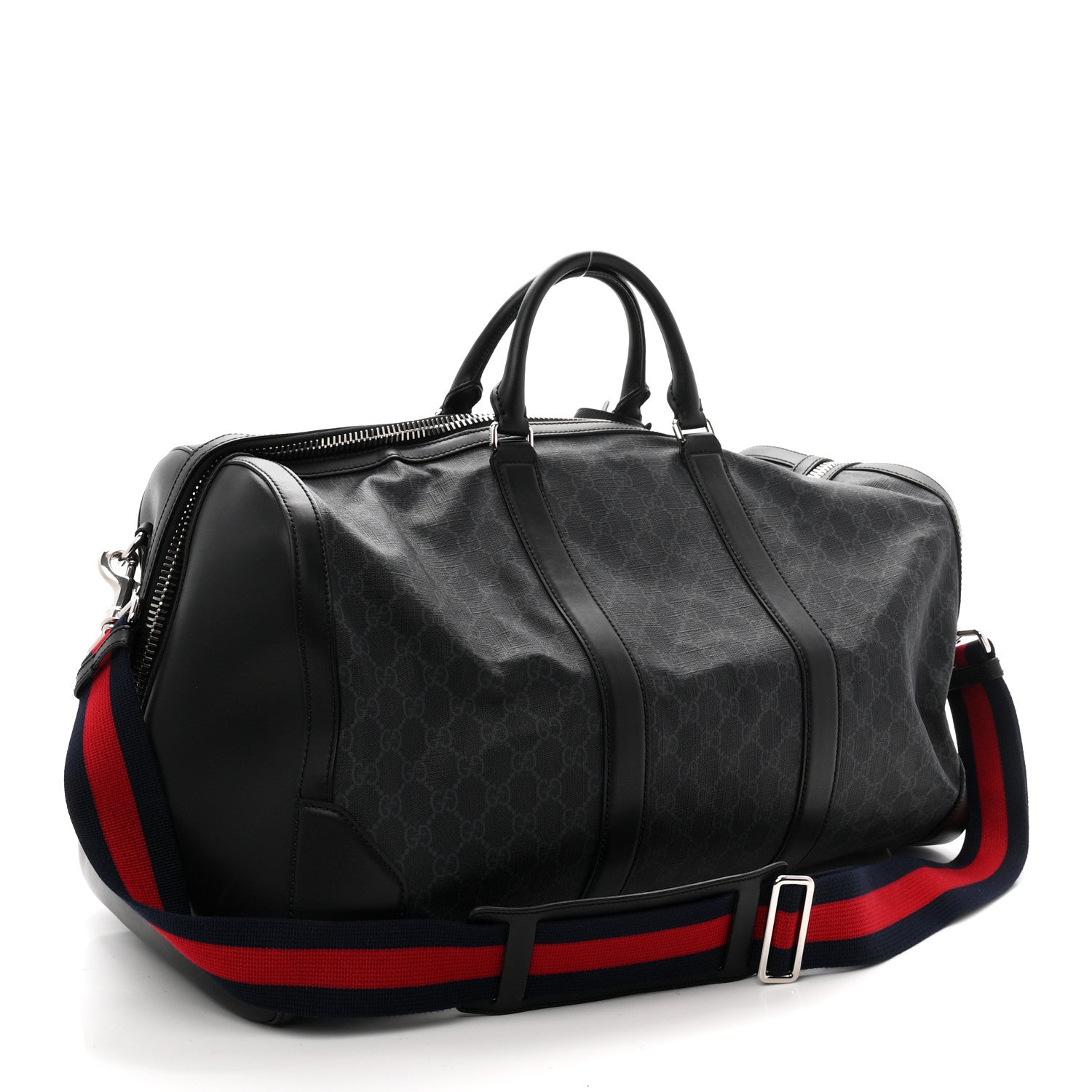 Gucci Soft GG Supreme Monogram Appia Calfskin Web Large Carry On Duffle Bag Black Grey 2 of 9