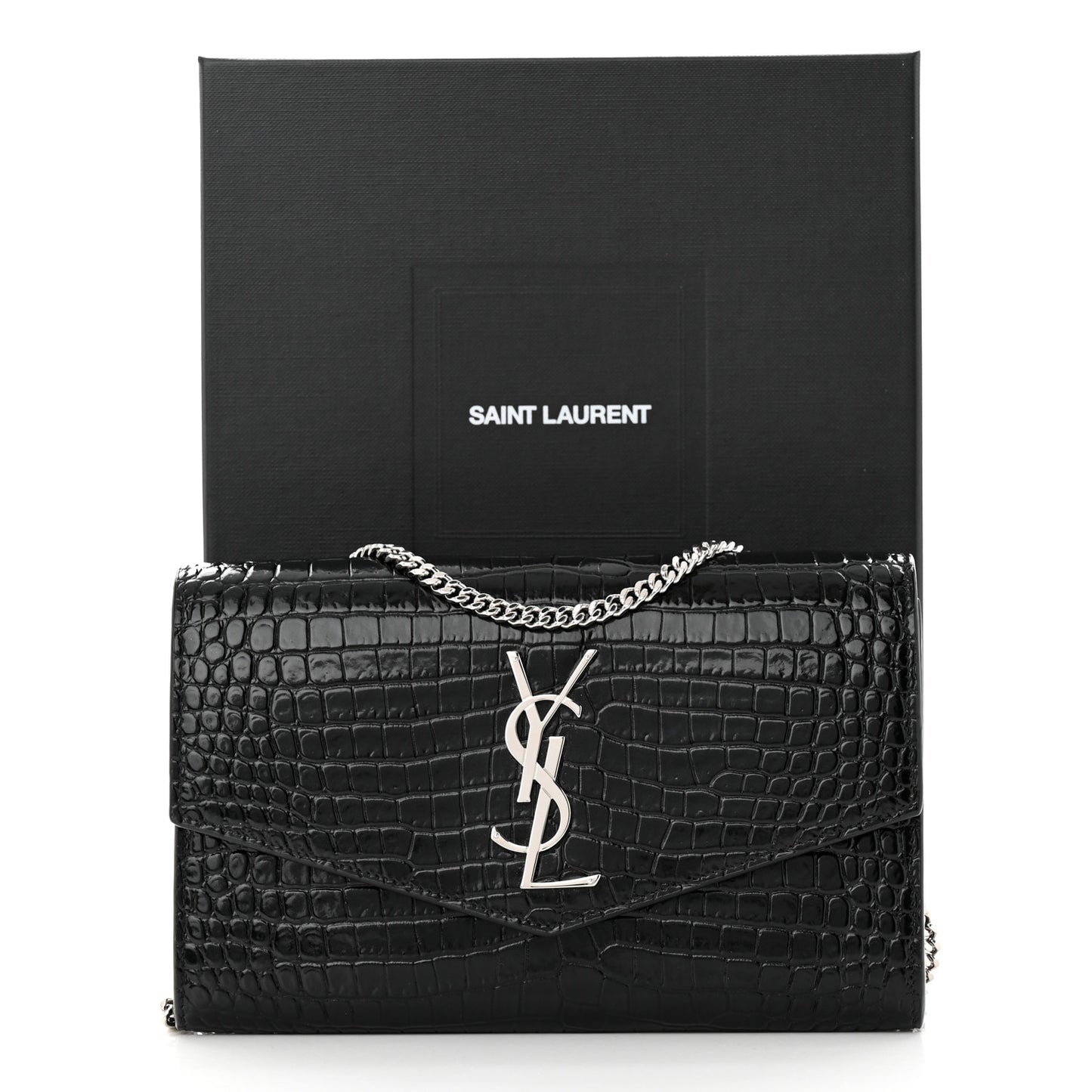 Calfskin Crocodile Embossed Monogram Uptown Chain Wallet Black