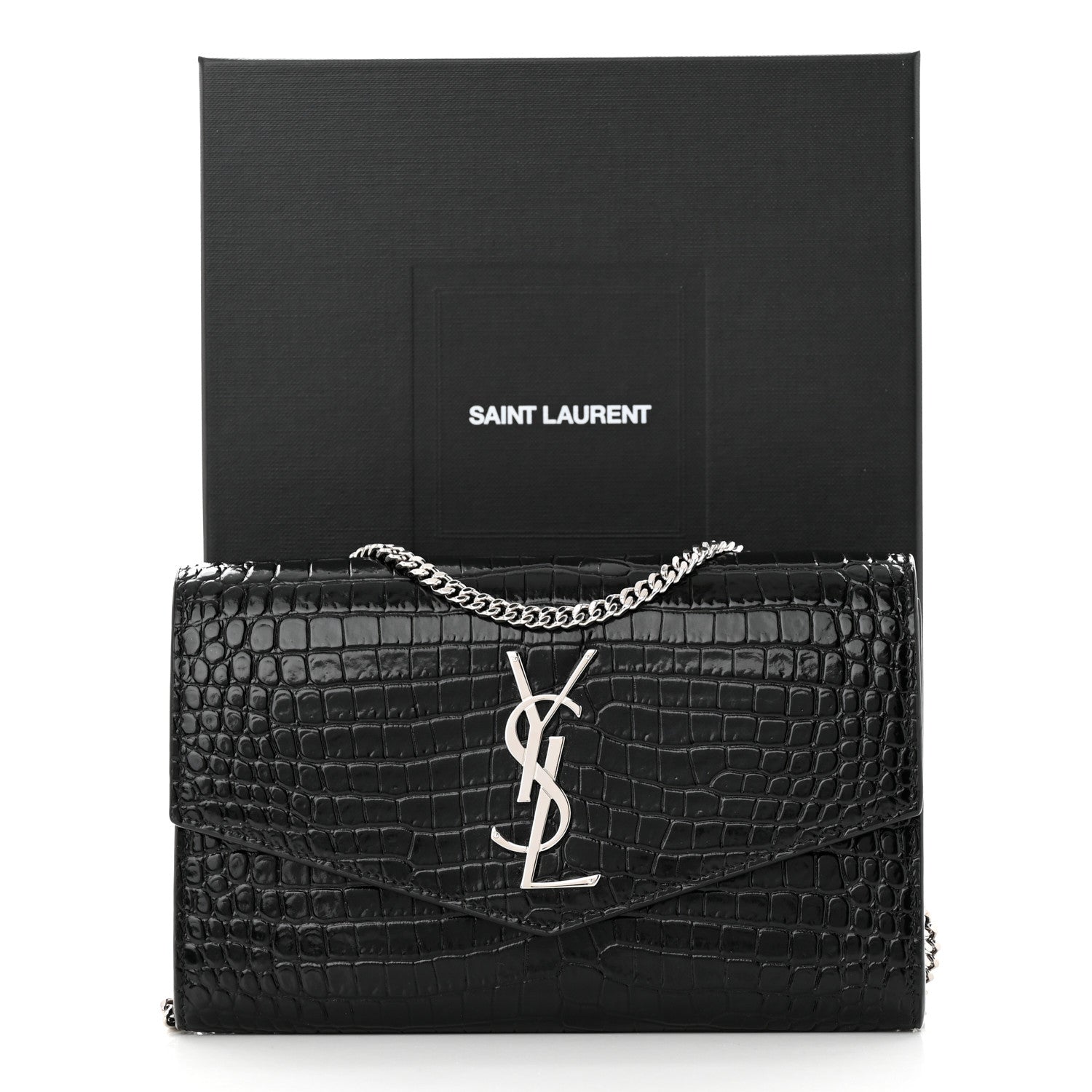 Saint Laurent Calfskin Crocodile Embossed Monogram Uptown Chain Wallet Black 12 of 12