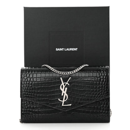 Saint Laurent Calfskin Crocodile Embossed Monogram Uptown Chain Wallet Black 12 of 12