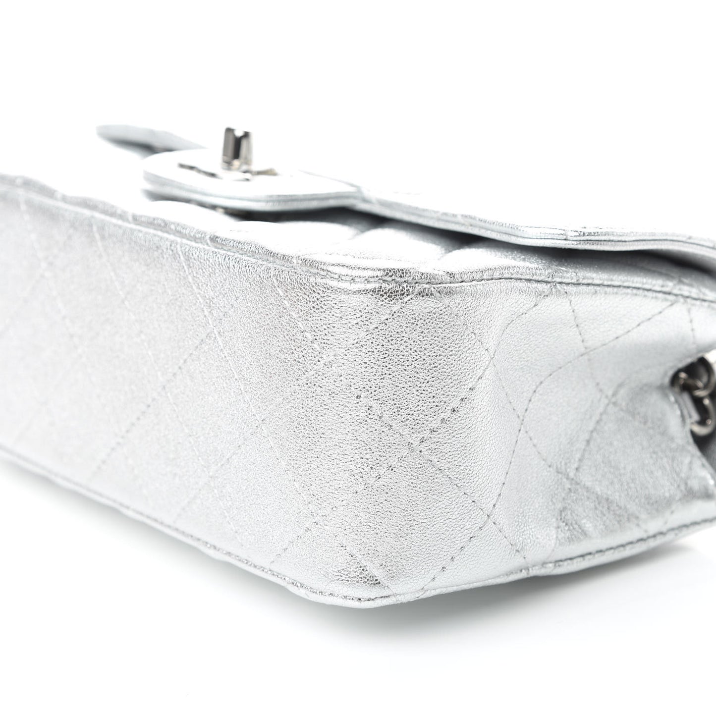 Metallic Lambskin Quilted Mini Rectangular Flap Silver