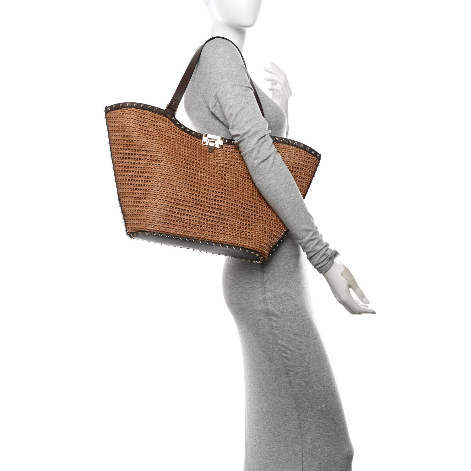 Valentino Garavani Synthetic Raffia Calfskin Rockstud Garden Tote Bag Tobacco Cacao 2 of 9