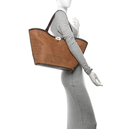 Valentino Garavani Synthetic Raffia Calfskin Rockstud Garden Tote Bag Tobacco Cacao 2 of 9