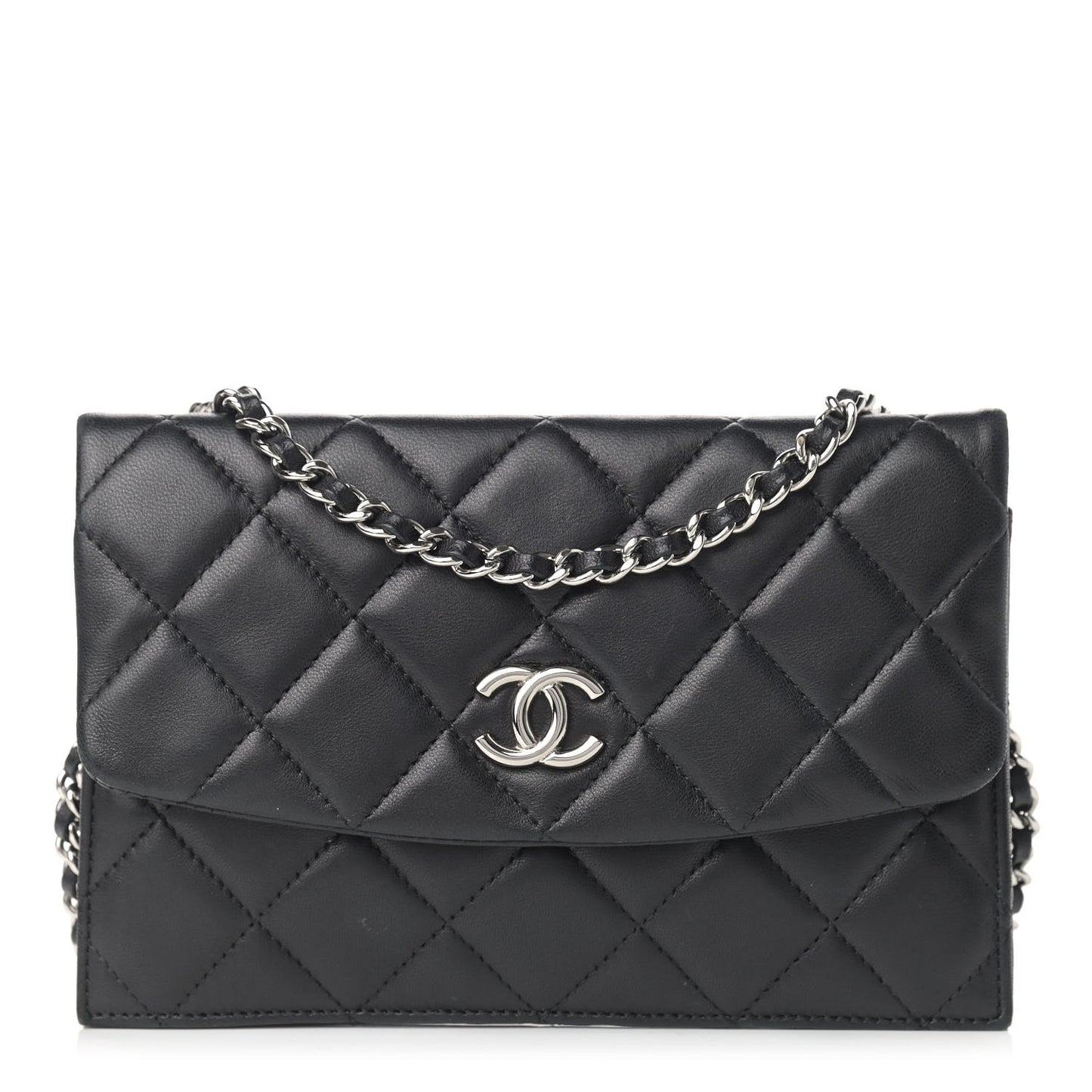 Lambskin Quilted Double Sided Wallet On Chain WOC Black