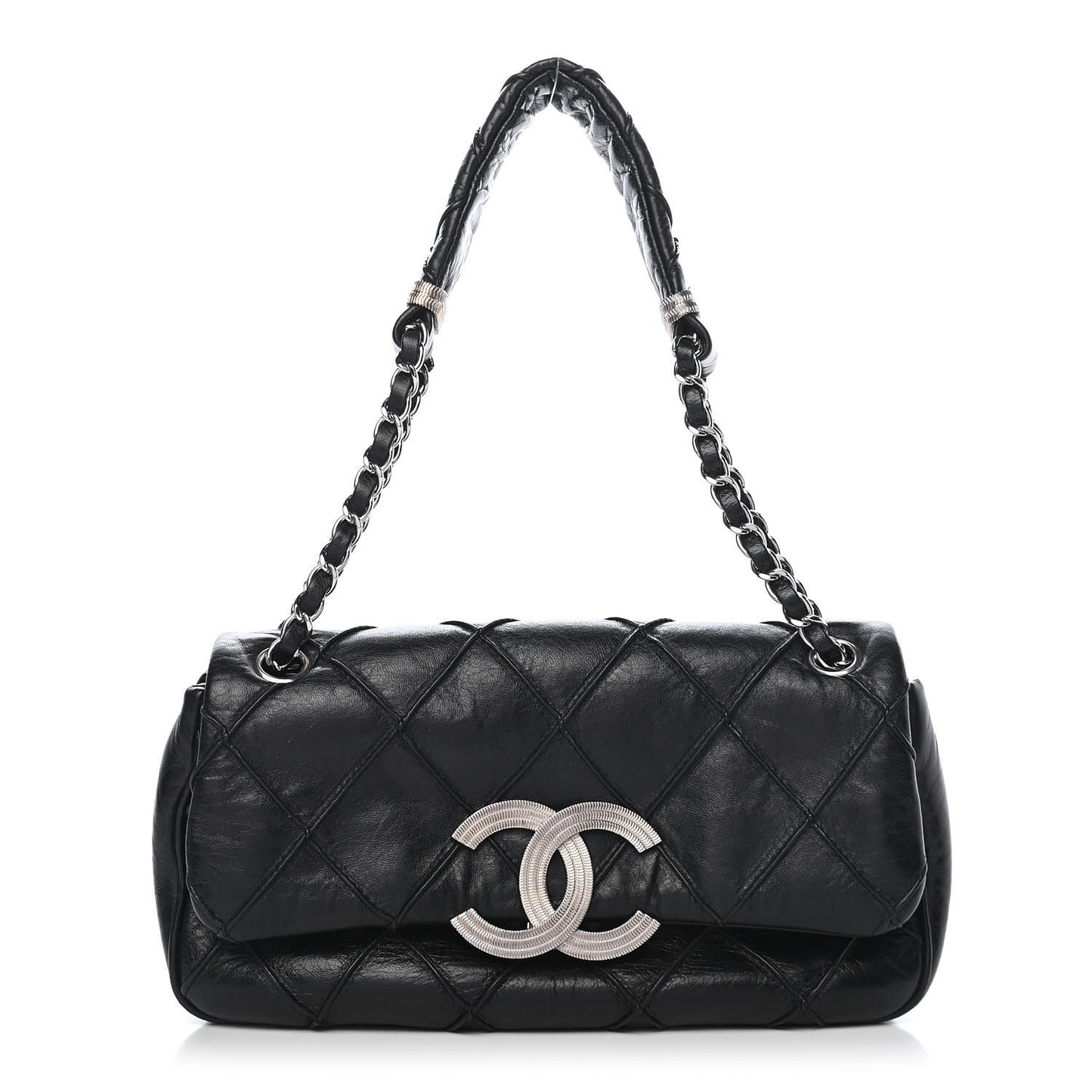 Lambskin Diamond Stitched CC Flap Shoulder Bag Black