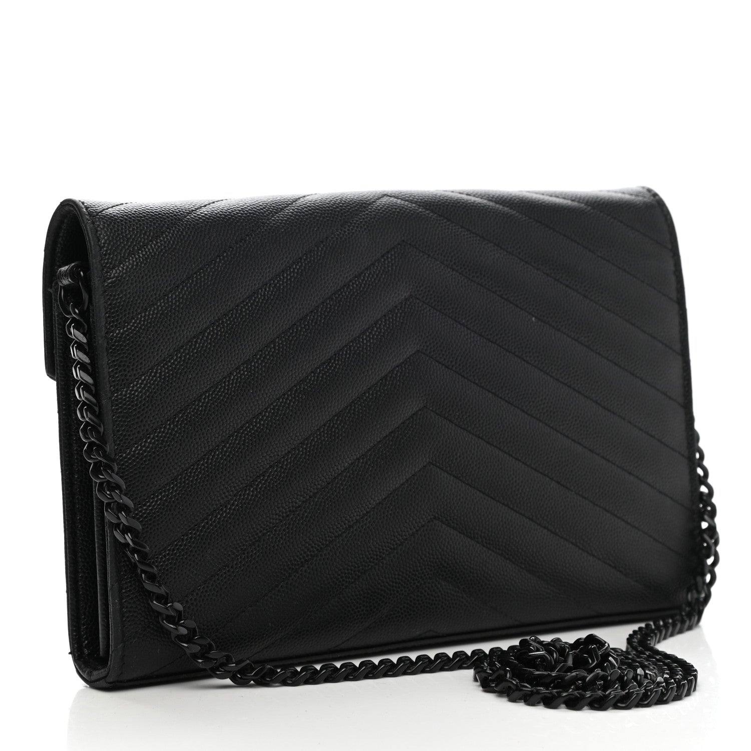 Saint Laurent Grain De Poudre Matelasse Chevron Monogram Chain Wallet Black 3 of 12