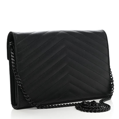 Saint Laurent Grain De Poudre Matelasse Chevron Monogram Chain Wallet Black 3 of 12