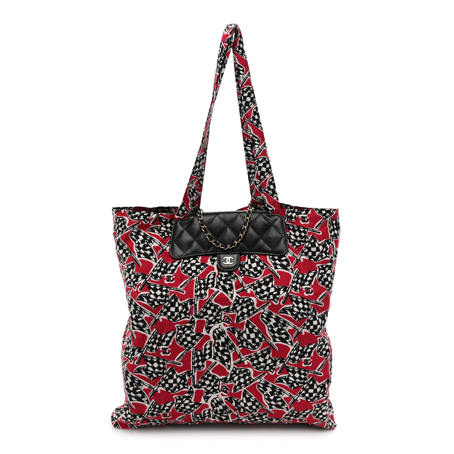 Caviar Fabric Quilted Foldable Tote With Chain Black Multicolor