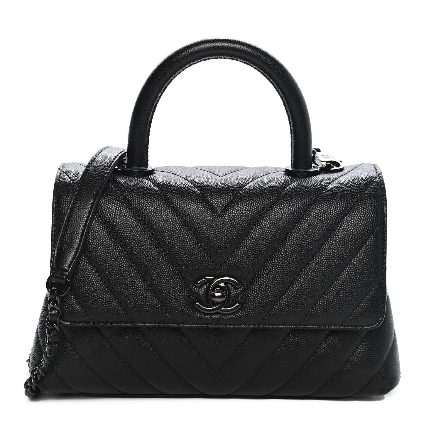 Caviar Chevron Quilted Mini Coco Handle Flap So Black