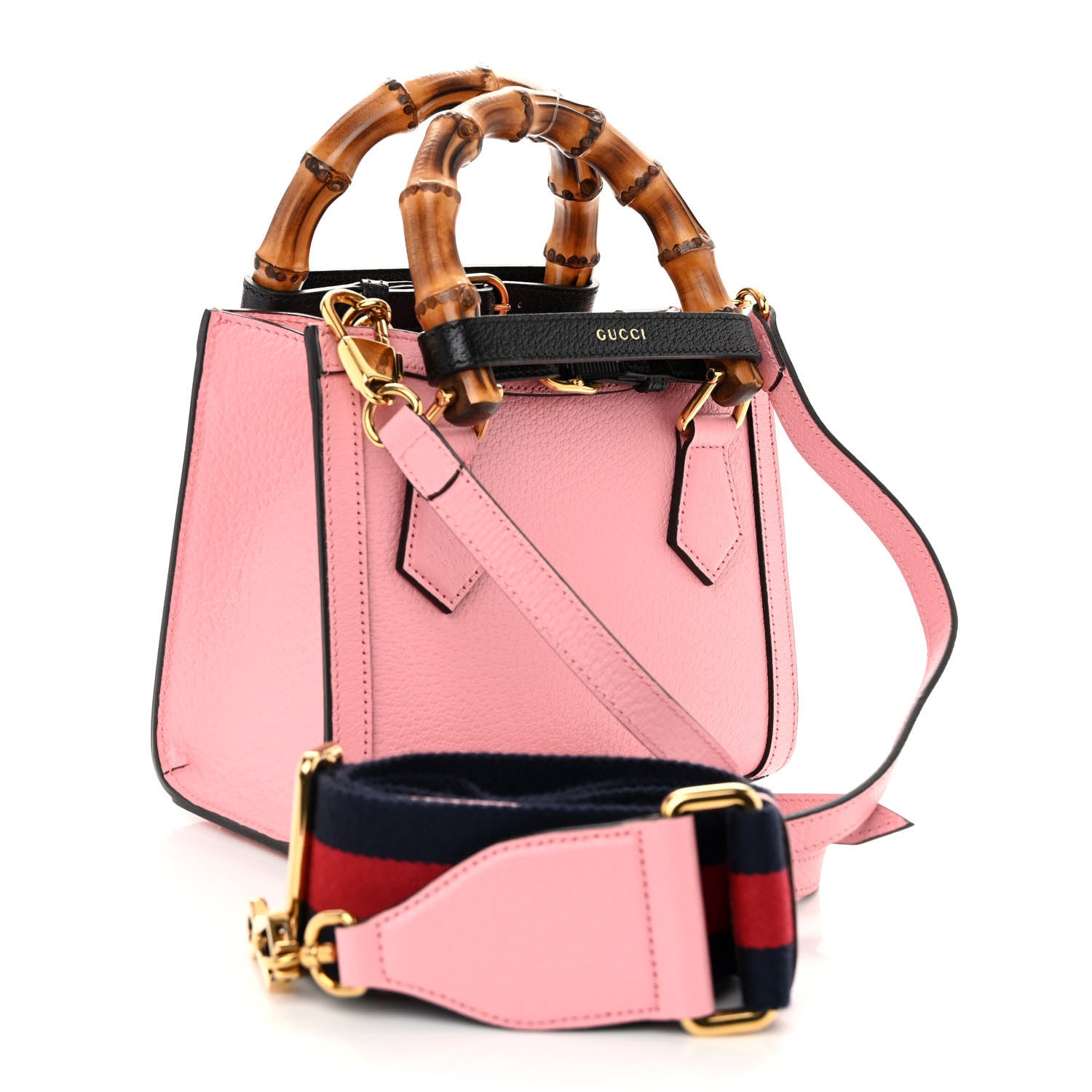 Gucci Textured Dollar Calfskin Web Mini Diana Tote Bag Wild Rose Black 3 of 10