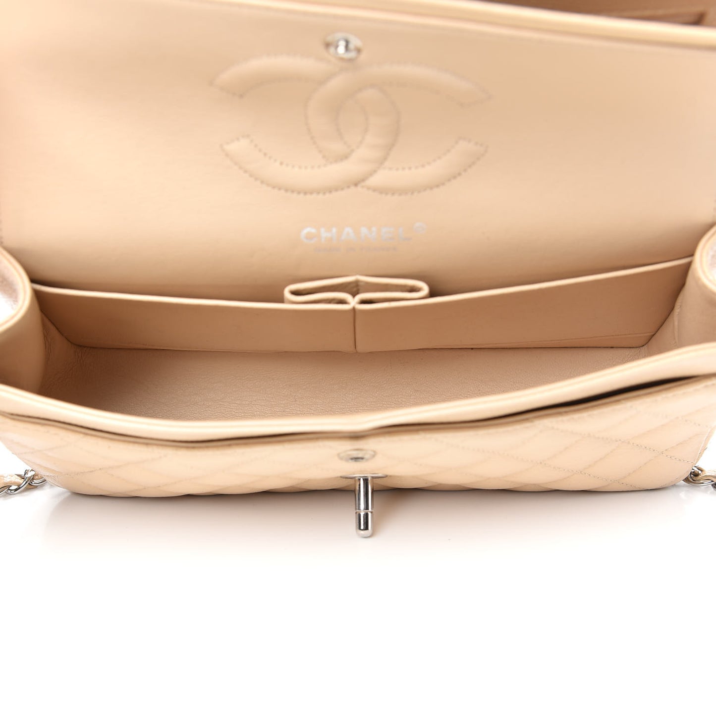 Caviar Quilted Medium Double Flap Beige