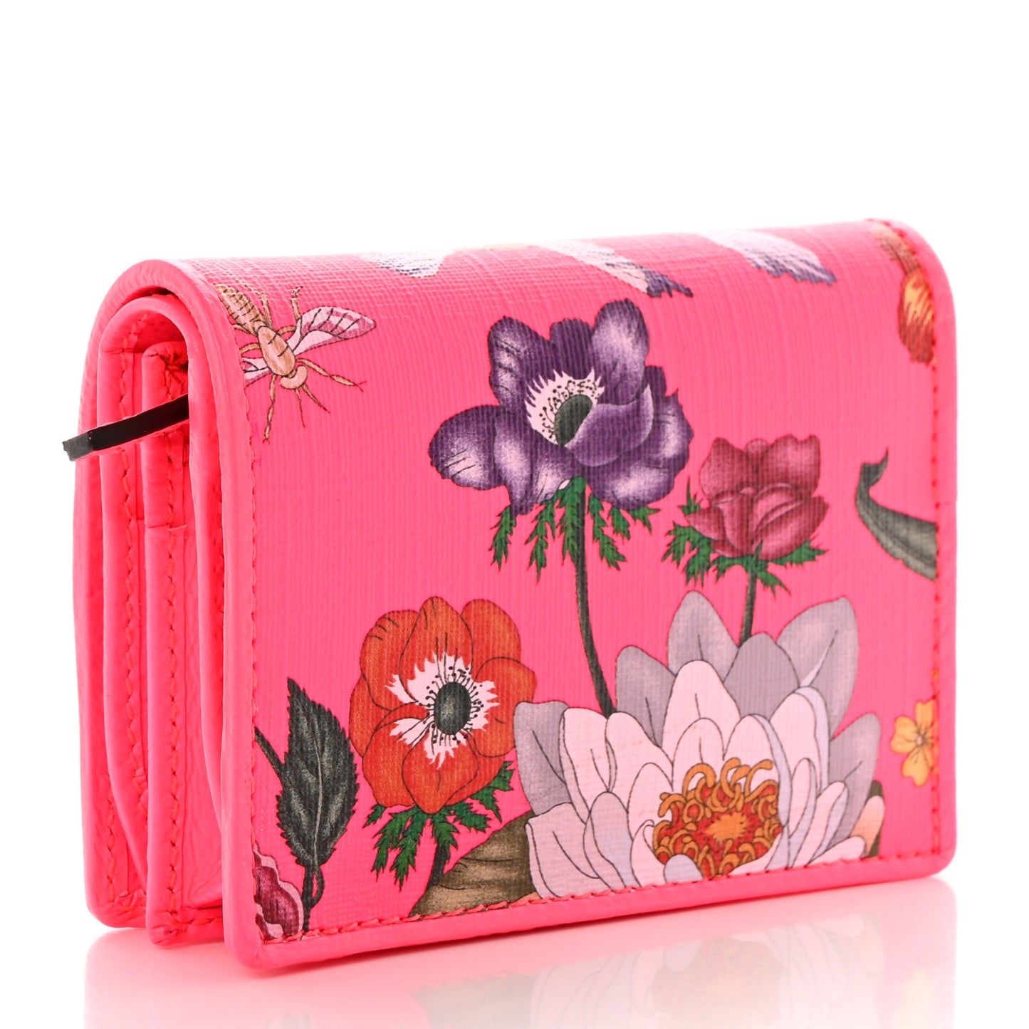 Calfskin Flora Print Zumi Card Case Fuxia Fluo