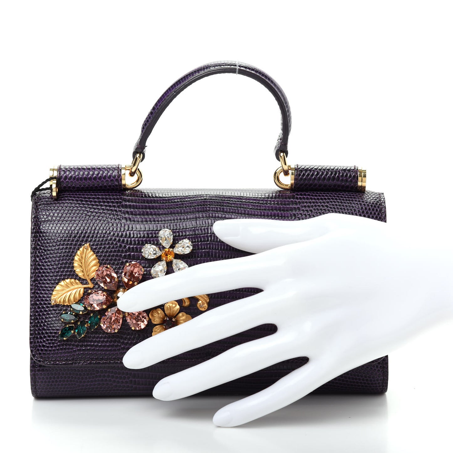 Iguana Calfskin Crystal Embellished Mini Von Bag Purple