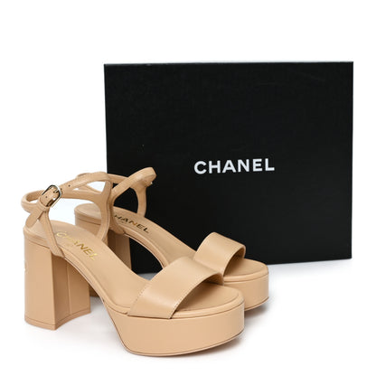 Chanel Lambskin Logo Platform Sandals 37.5 Beige 10 of 10