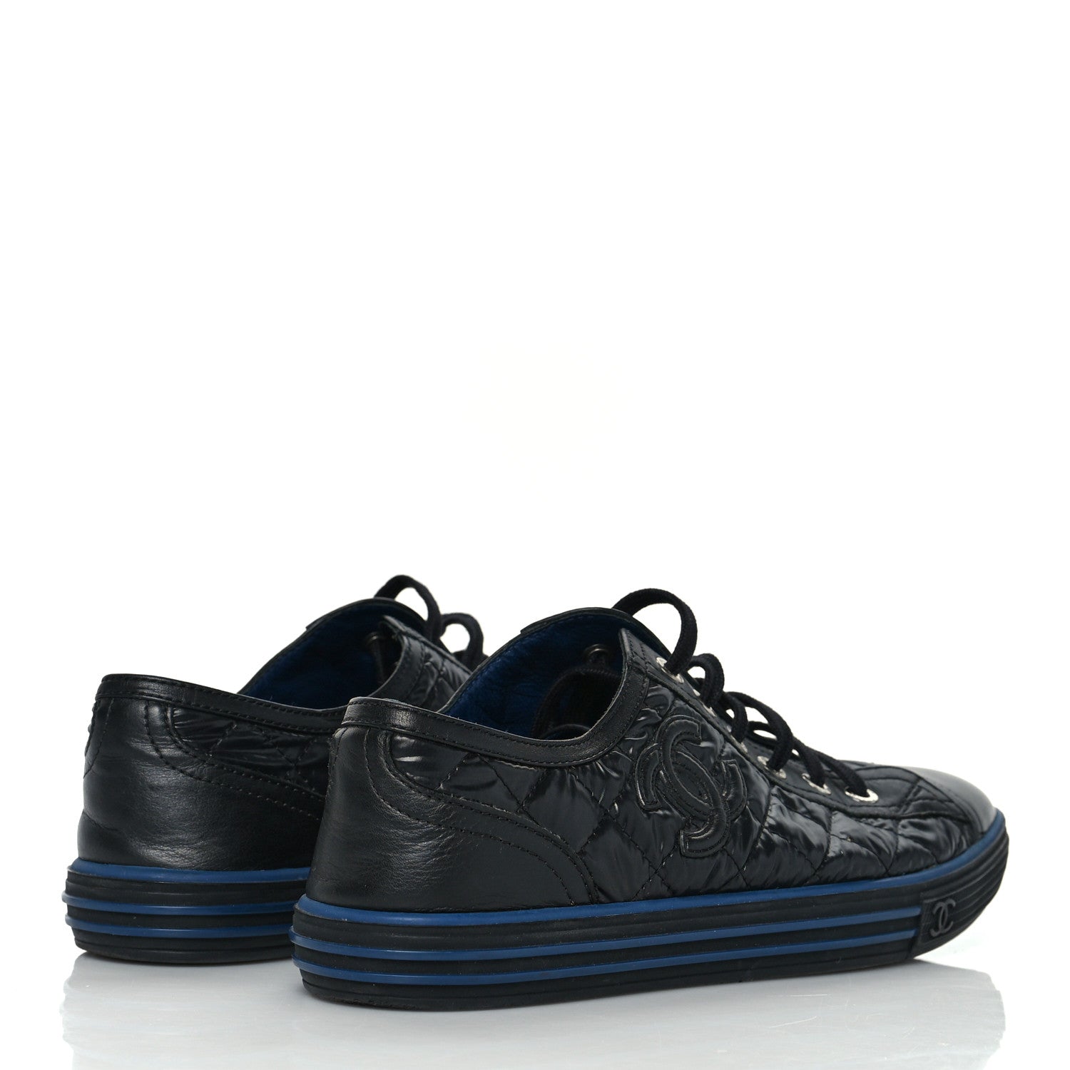 Chanel Nylon Calfskin Quilted CC Sneakers 37 Black Blue 4 of 7
