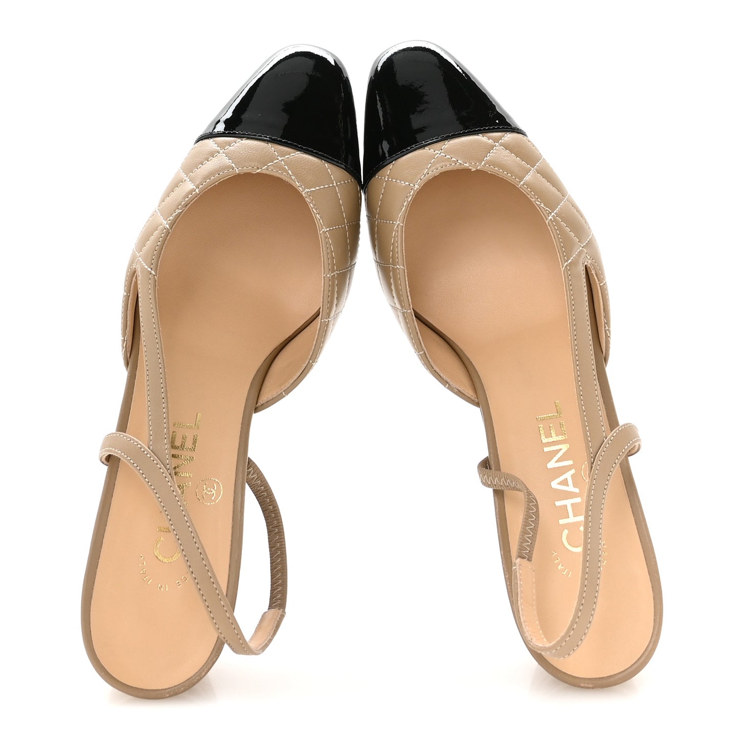 Lambskin Patent Calfskin Quilted Cap Toe CC Slingback Pumps 38.5 Beige Black