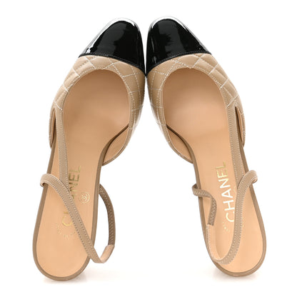 Chanel Lambskin Patent Calfskin Quilted Cap Toe CC Slingback Pumps 38.5 Beige Black 2 of 9