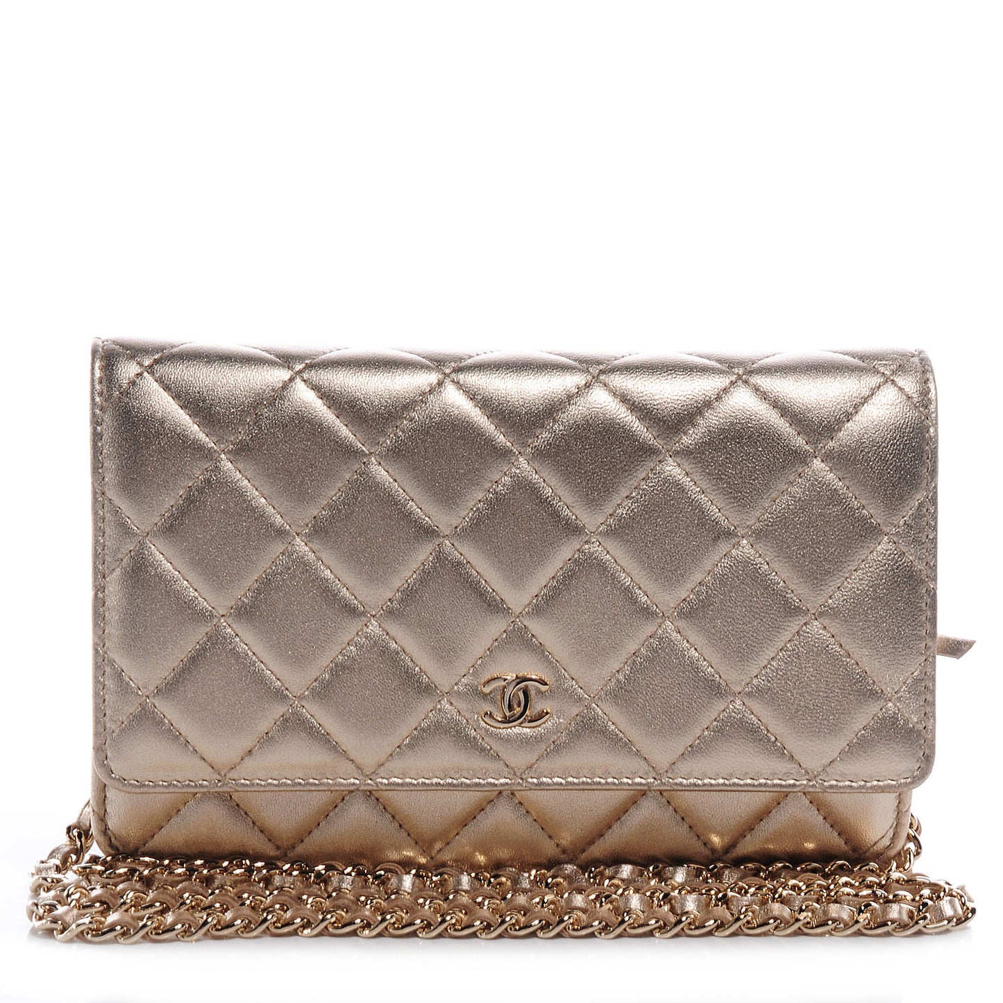 Lambskin Wallet On Chain WOC Metallic Gold