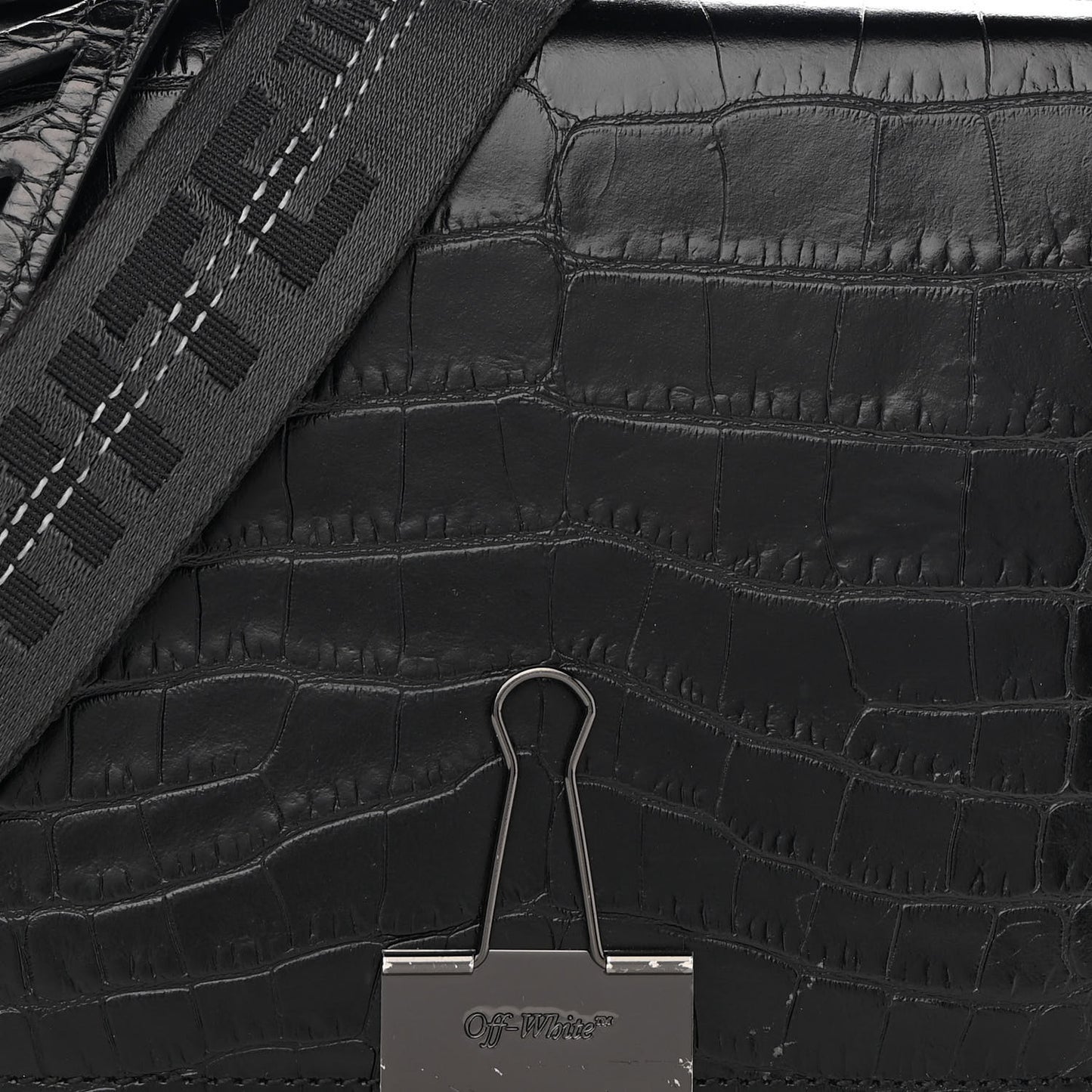 Calfskin Embossed Crocodile Binder Flap Bag Black