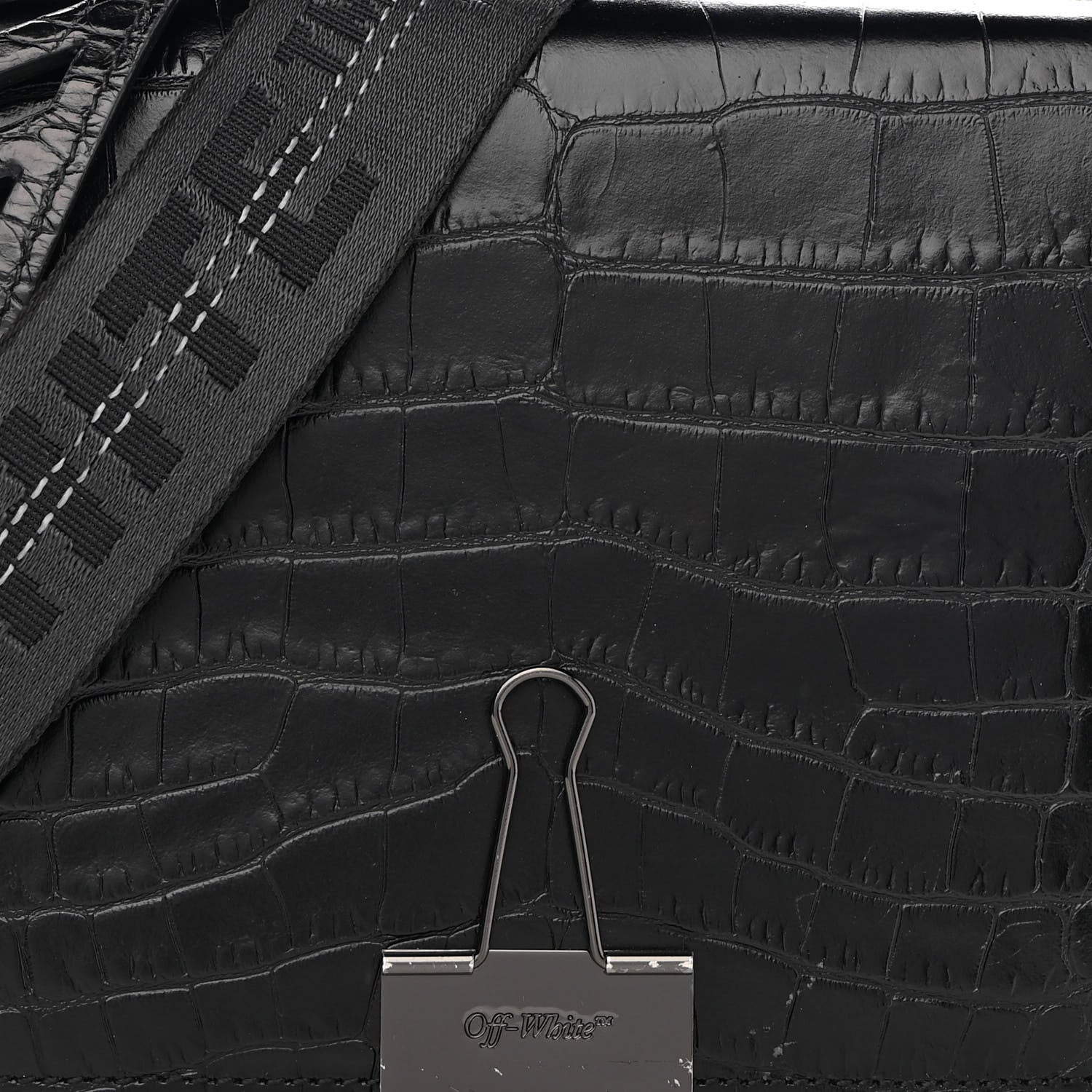 Off-White Calfskin Embossed Crocodile Binder Flap Bag Black 7 of 12