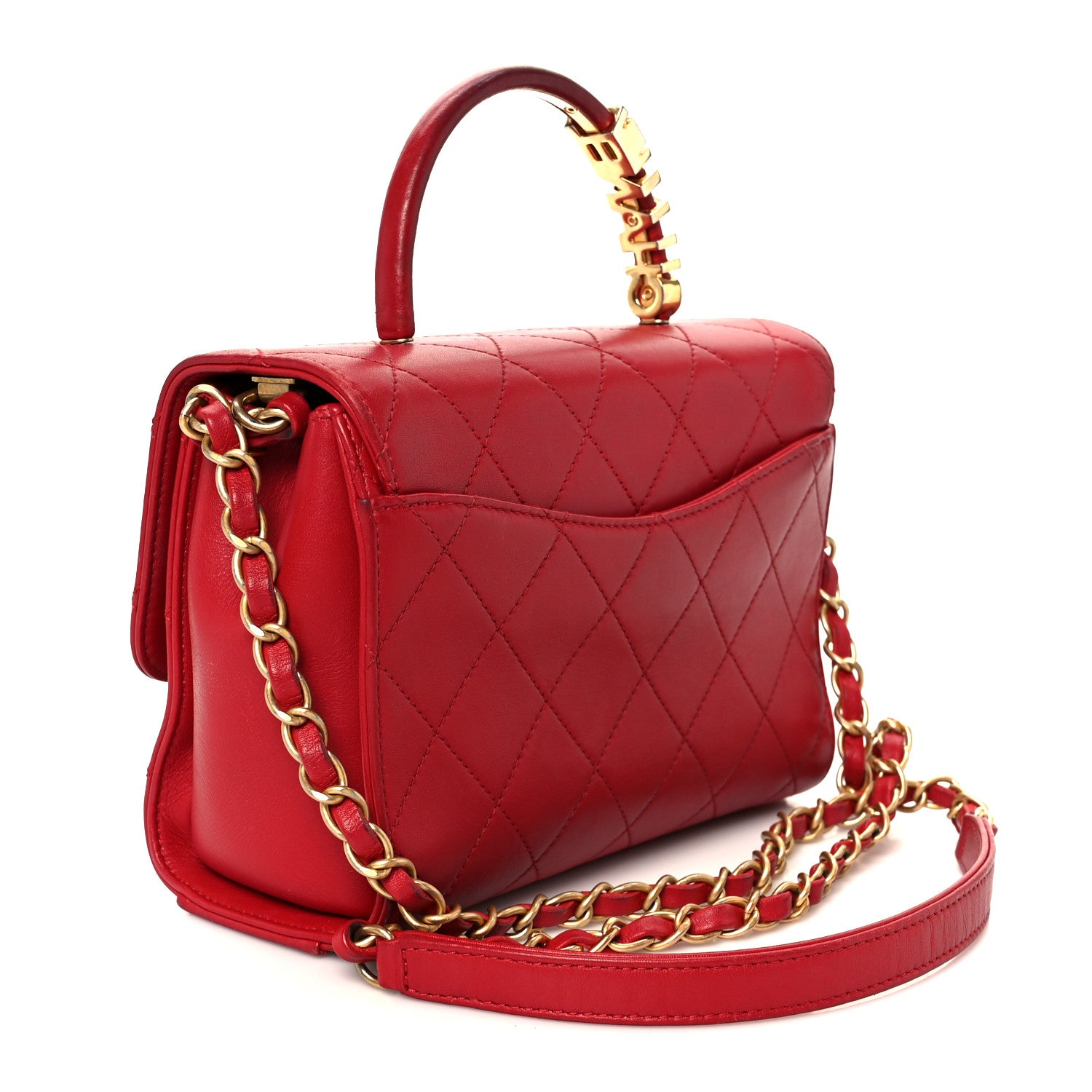 Chanel Lambskin Stitched Pearl Logo Top Handle Flap Red 3 of 11
