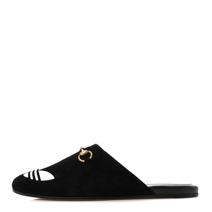 Gucci X ADIDAS Kid Scamosciato Quentin Trefoil Embroidered Womens Horsebit Slippers 36 Black Off White 1 of 10