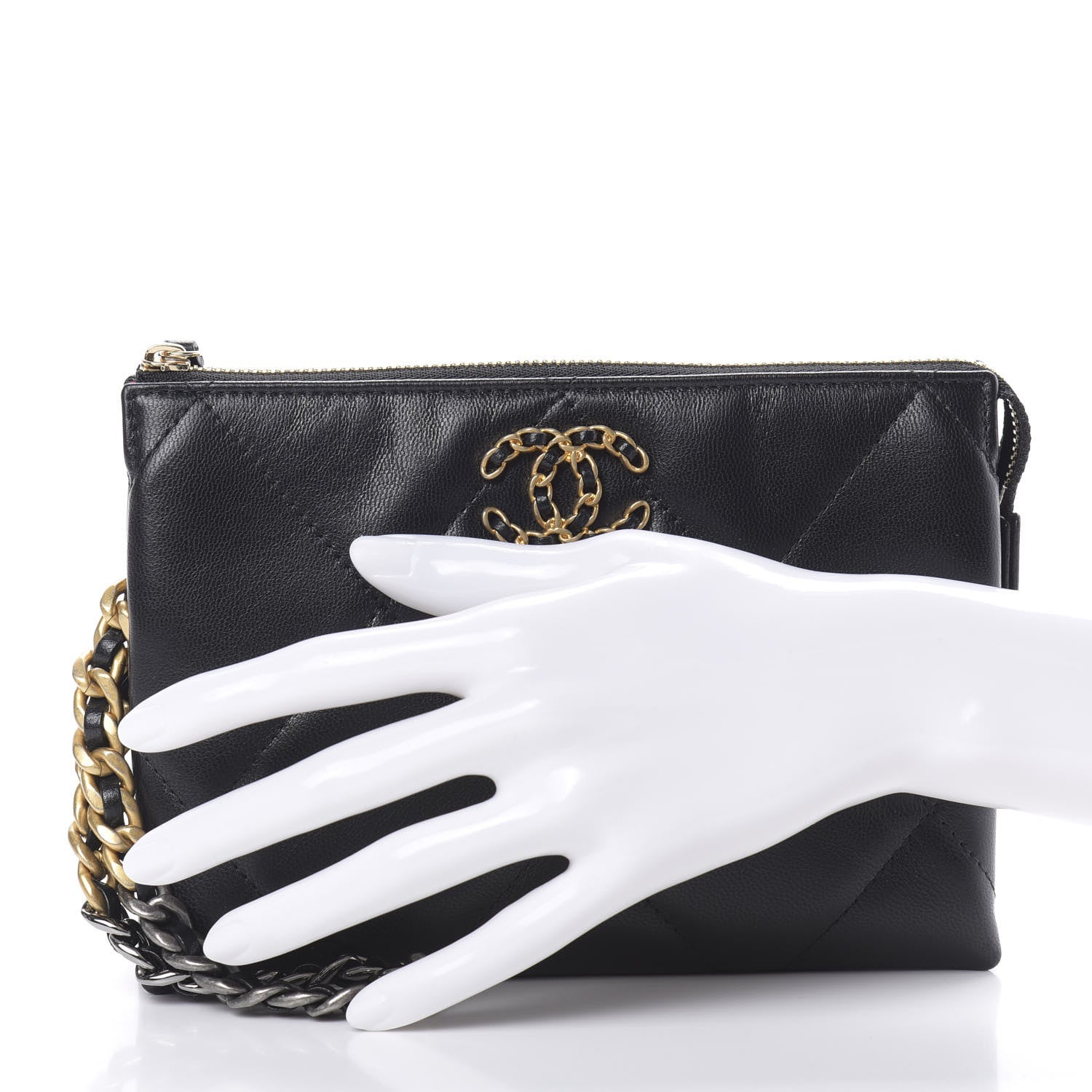Chanel Shiny Goatskin Quilted Small Chanel 19 Pouch With Handle Black 2 of 8