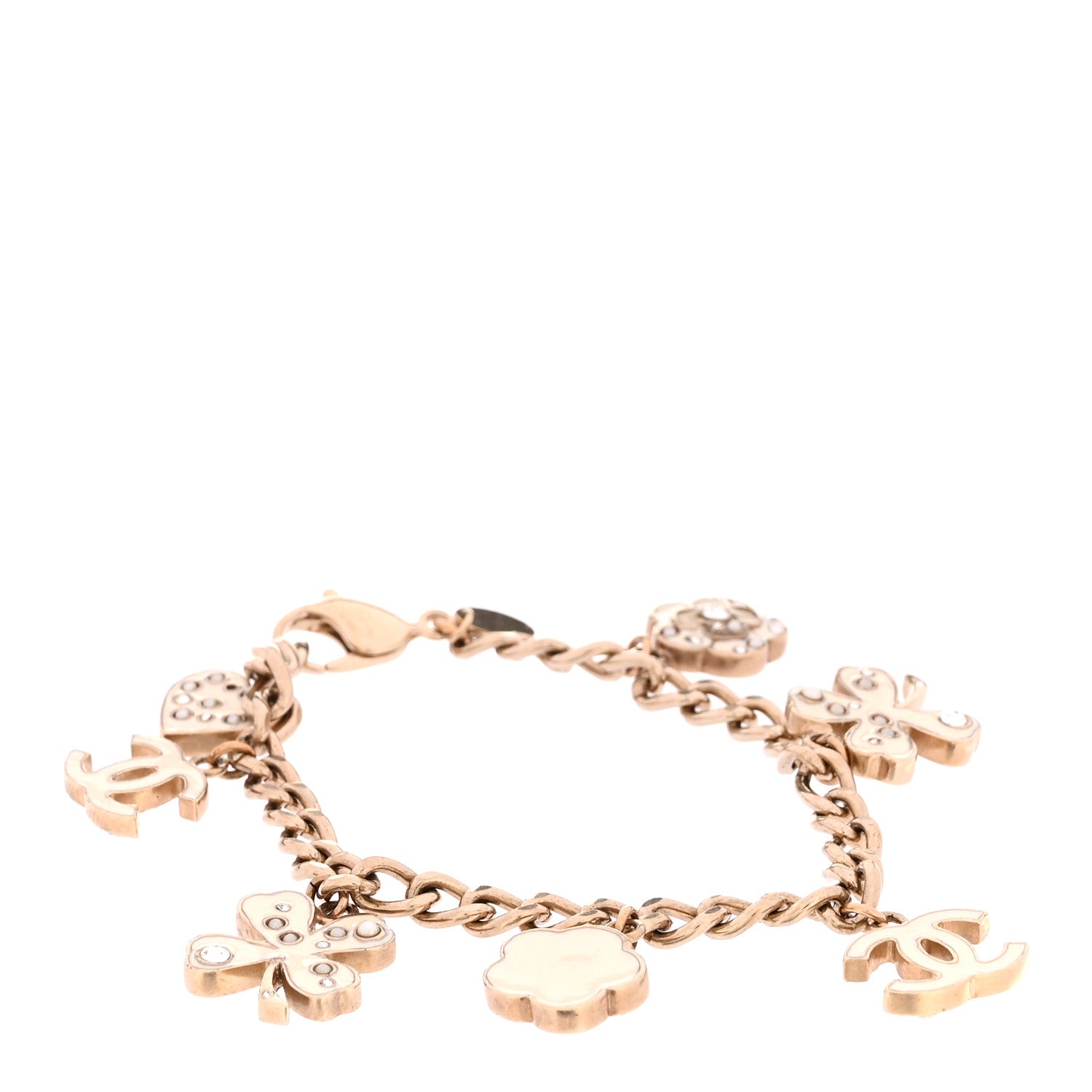 Chanel Enamel Crystal Pearl CC Lucky Charms Bracelet Gold White 1 of 5