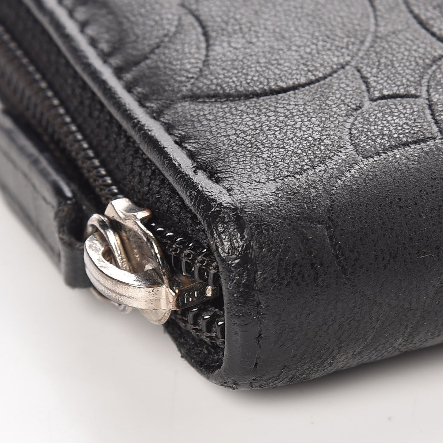 Lambskin Camellia Embossed Large Zip Around Gusset Wallet Black