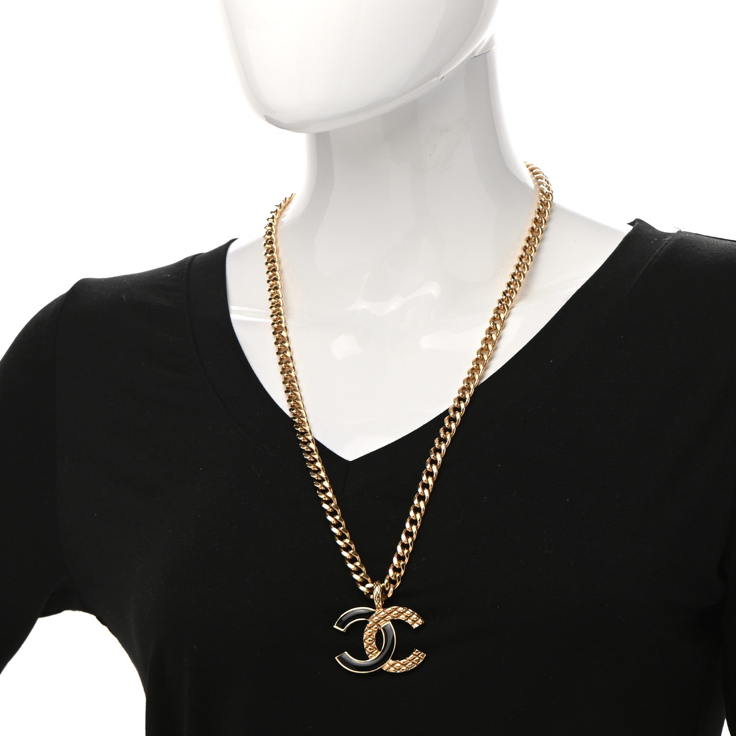 Chanel Metal Enamel Quilted CC Chain Necklace Pendant Gold Black 2 of 7