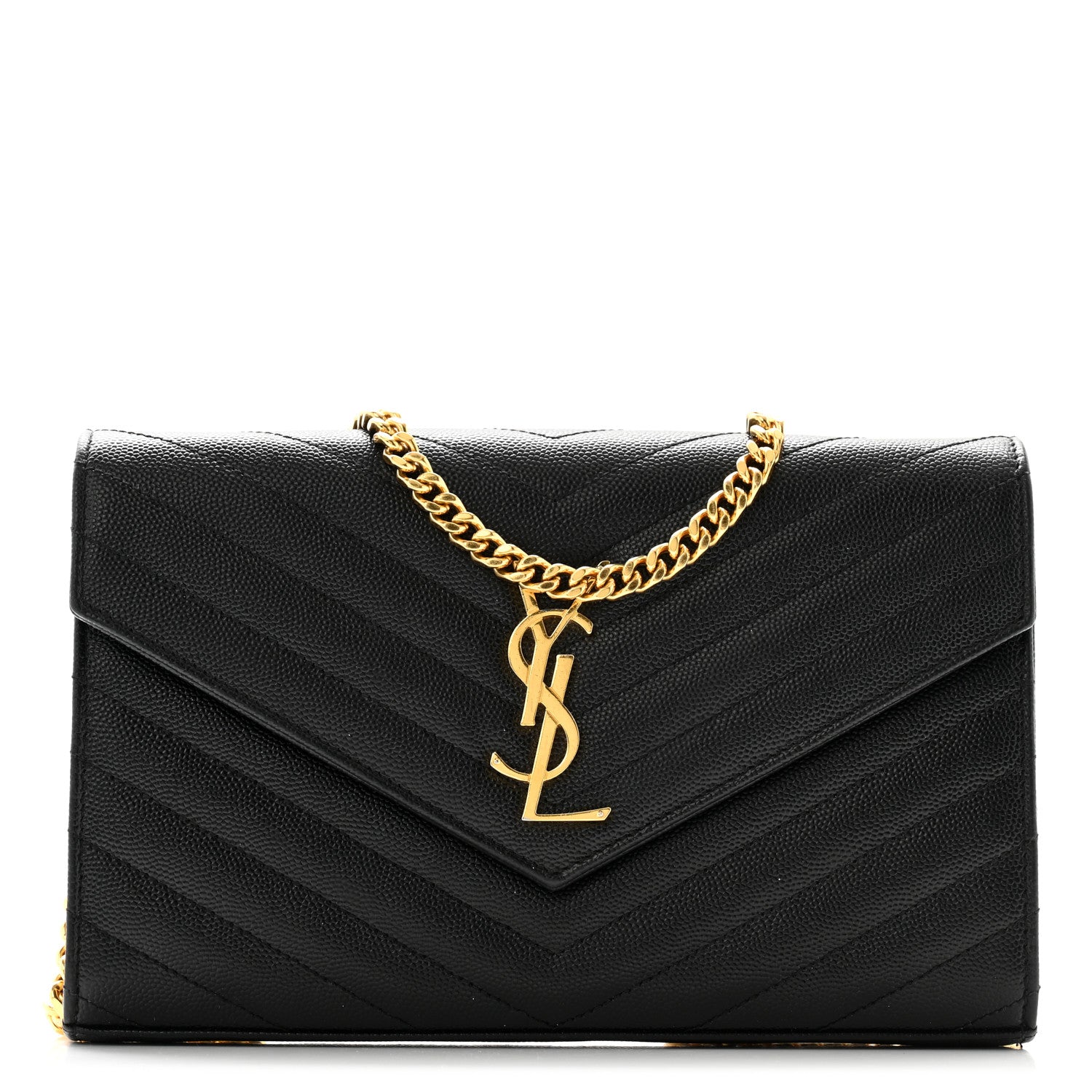 Saint Laurent Grain De Poudre Matelasse Chevron Monogram Chain Wallet Black 1 of 11