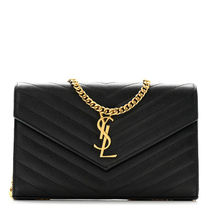 Saint Laurent Grain De Poudre Matelasse Chevron Monogram Chain Wallet Black 1 of 11