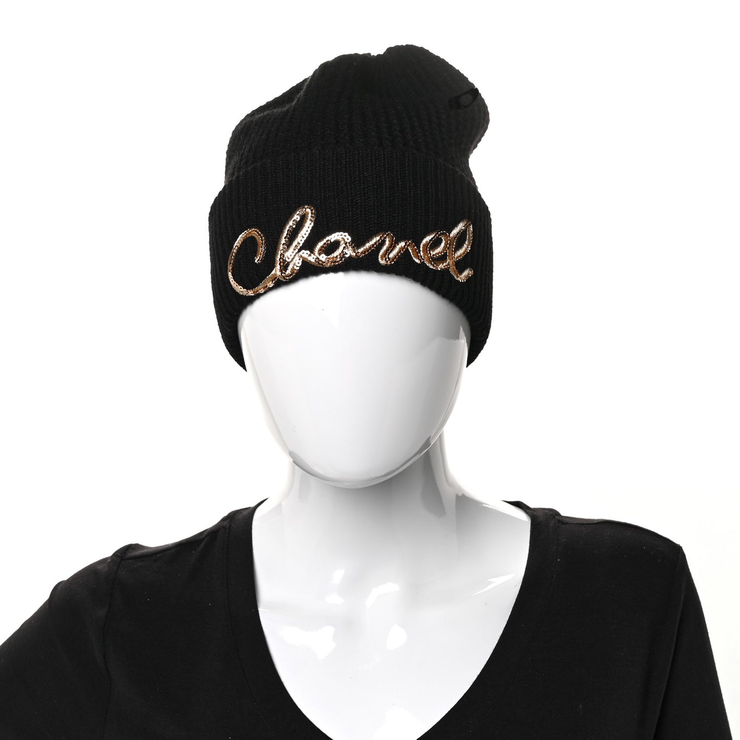 Cashmere Sequin Logo Beanie Hat Black Gold