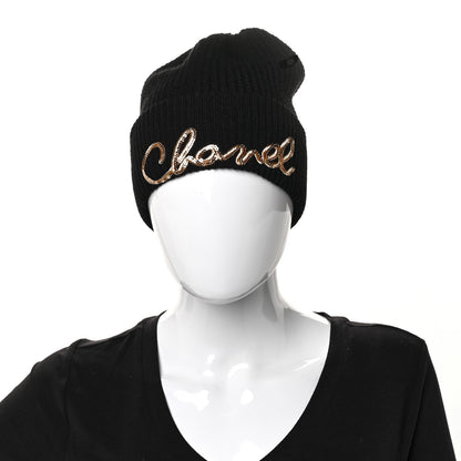 Chanel Cashmere Sequin Logo Beanie Hat Black Gold 2 of 7