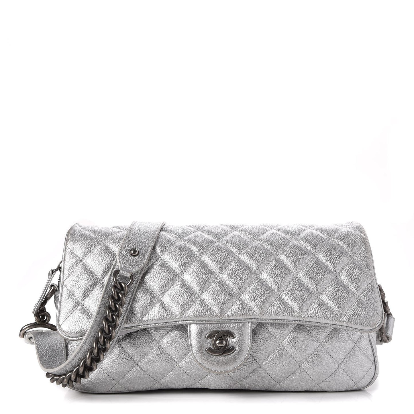 Metallic Calfskin Quilted Medium Casual Rock Flap Silver