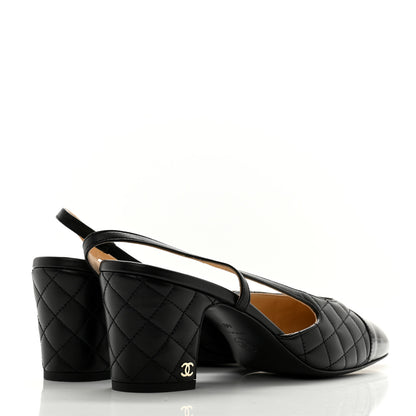 Chanel Lambskin Patent Calfskin Quilted Cap Toe CC Slingback Pumps 40.5 Black 4 of 9