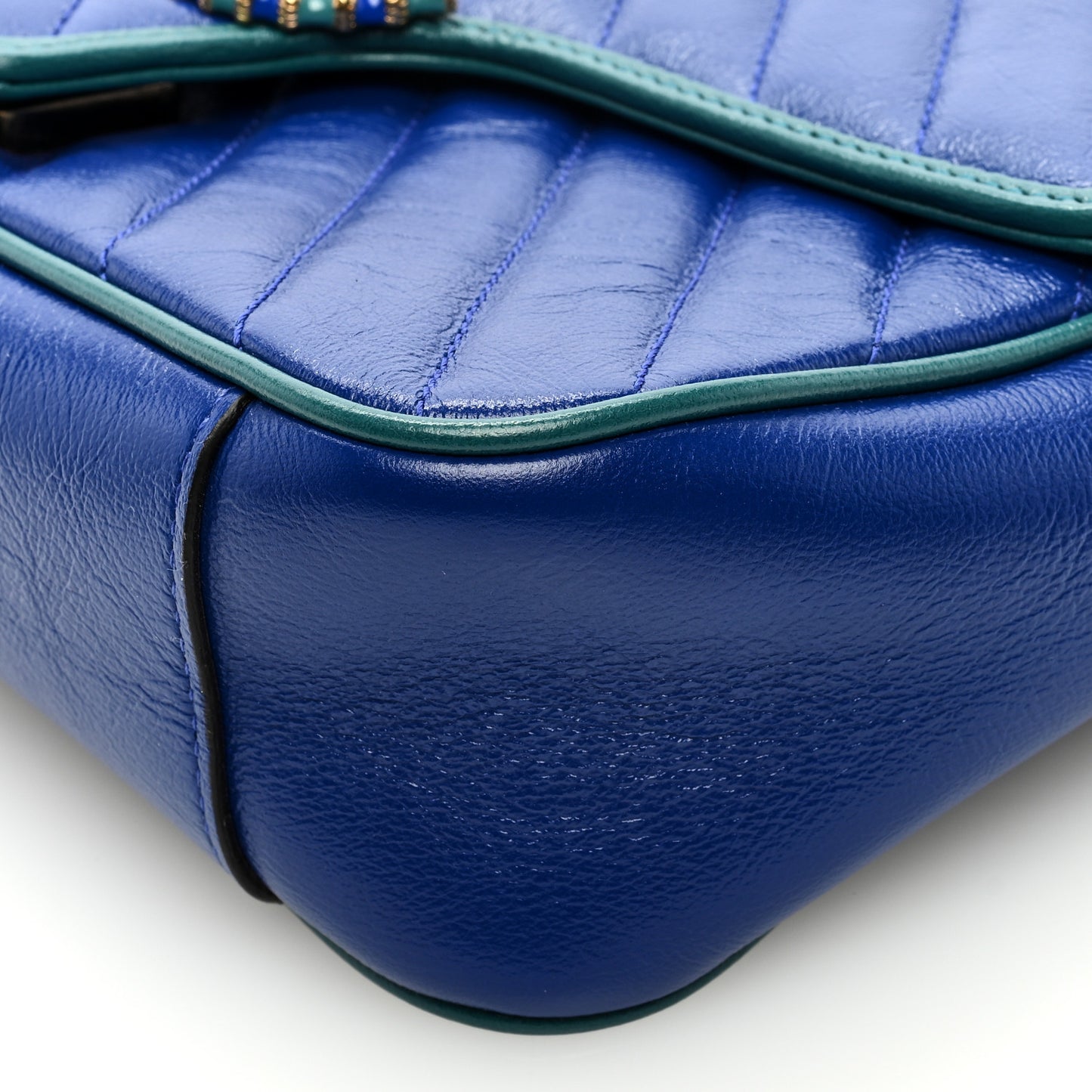 Azalea Calfskin Enamel Matelasse Diagonal Small Torchon GG Marmont Shoulder Bag Imperial Blue Pavone