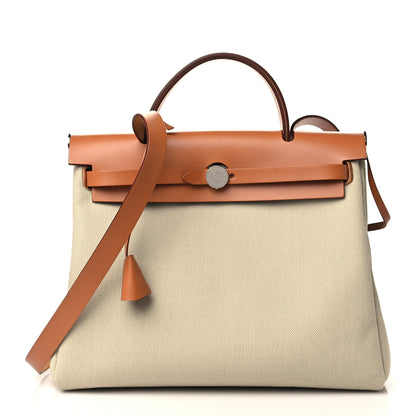 Hermes Military Toile Vache Hunter Herbag Zip Retourne 31 PM Beton Naturel 1 of 12