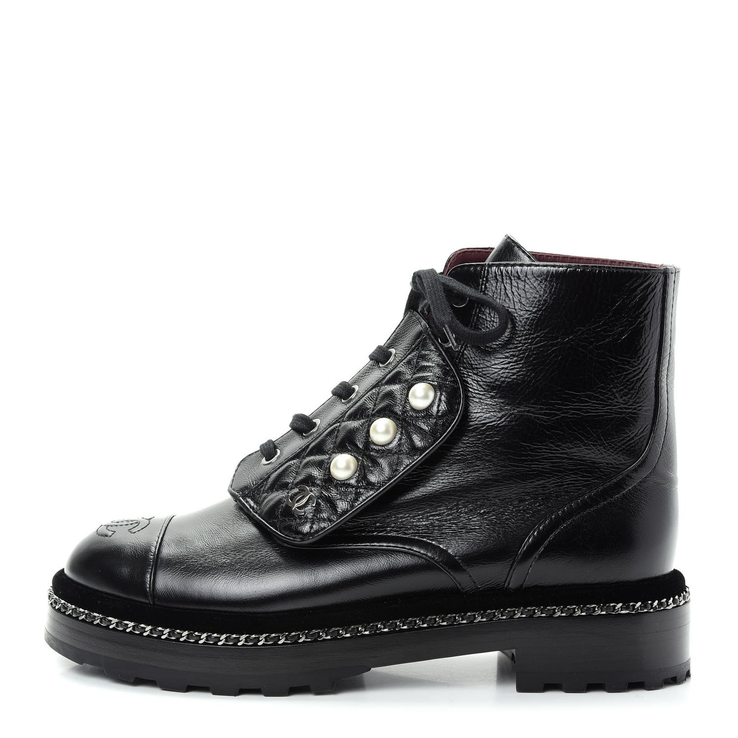 Crackled Calfskin Velvet Pearl Combat Short Boots 38 Black