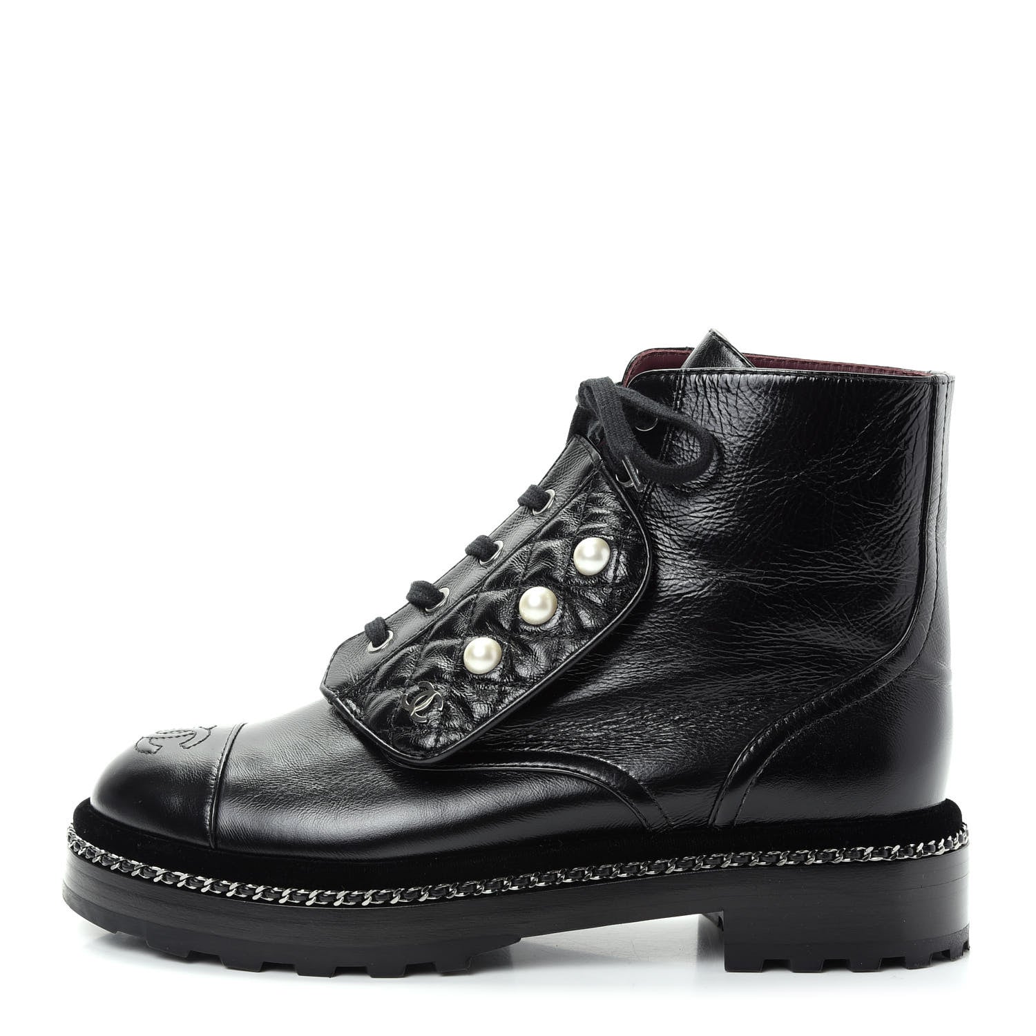 Chanel Crackled Calfskin Velvet Pearl Combat Short Boots 38 Black 1 of 11