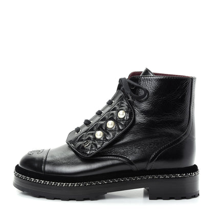 Chanel Crackled Calfskin Velvet Pearl Combat Short Boots 38 Black 1 of 11