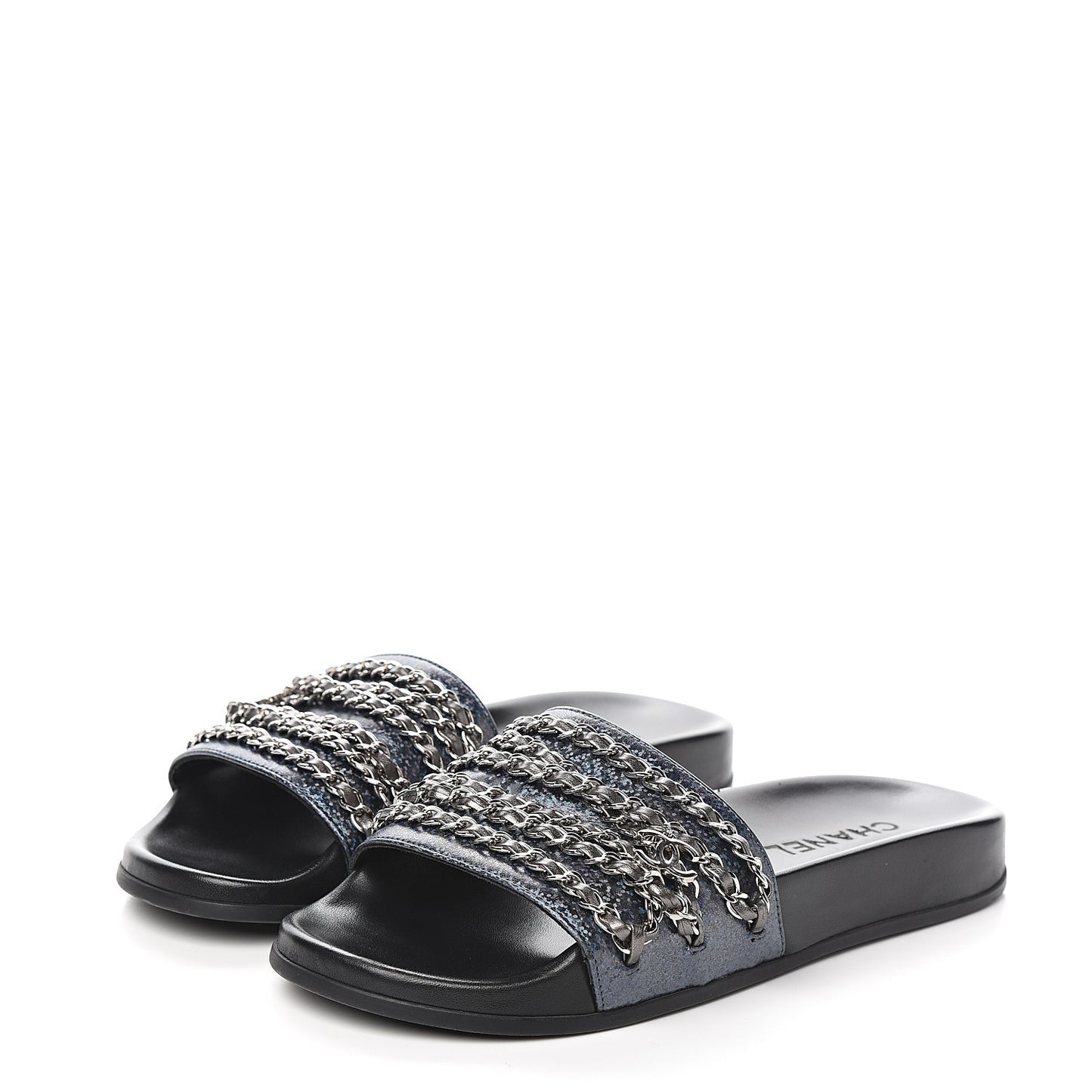 Lambskin Chain Slides Sandals Flats 39 Silver