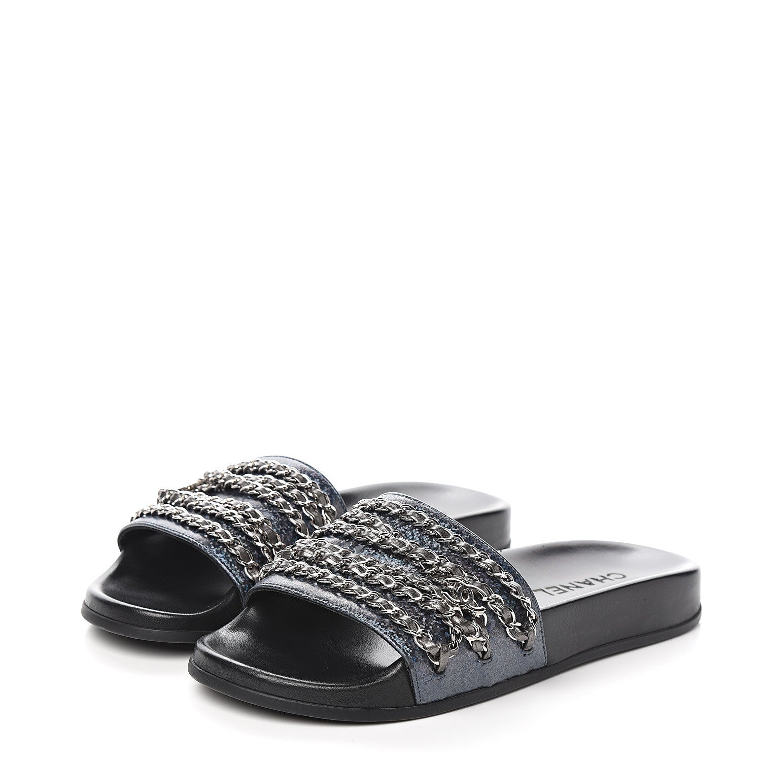 Chanel Lambskin Chain Slides Sandals Flats 39 Silver 3 of 9