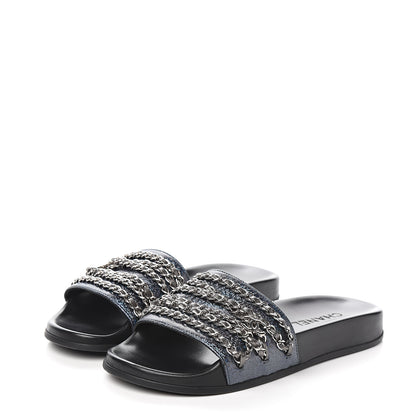 Chanel Lambskin Chain Slides Sandals Flats 39 Silver 3 of 9