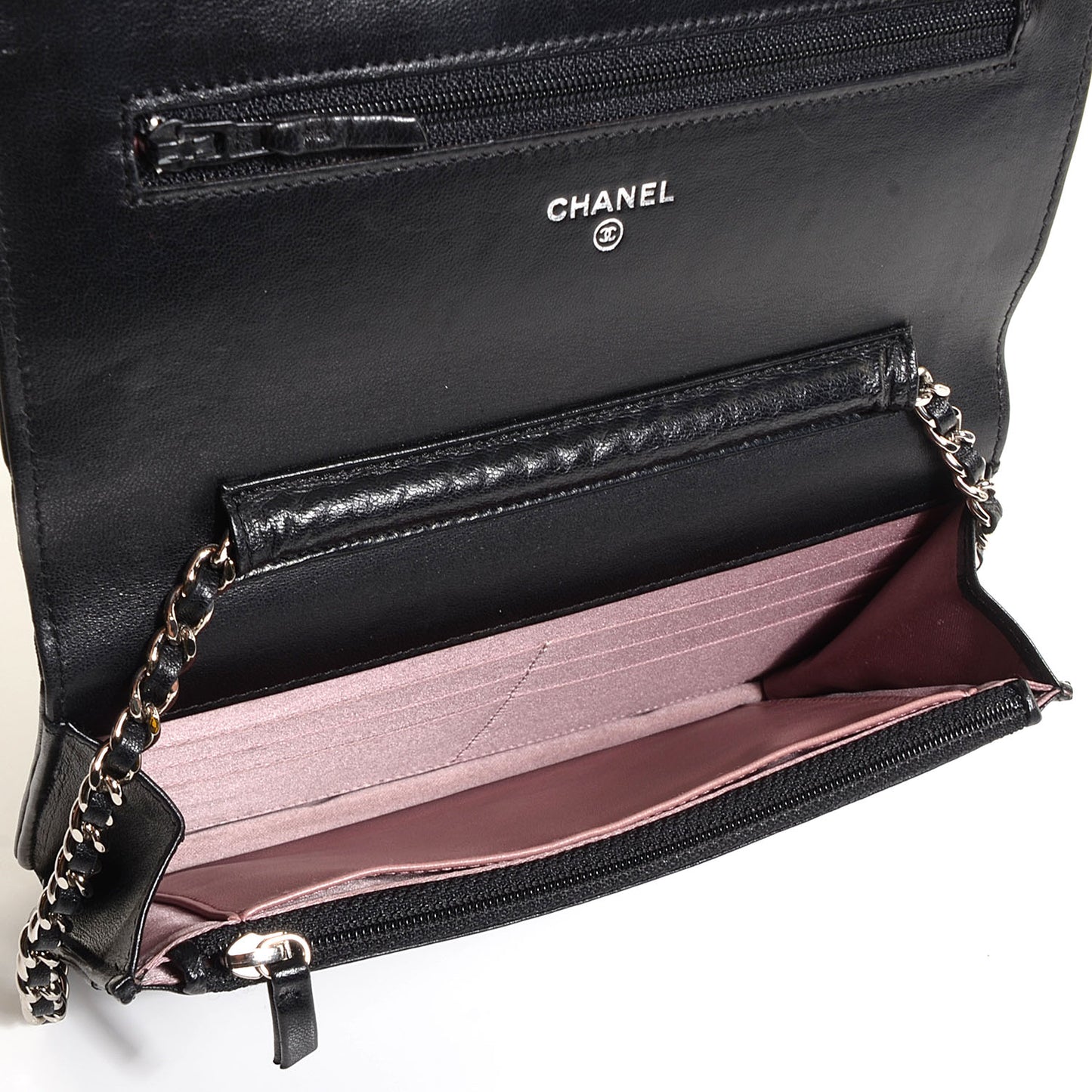 Lambskin Camellia Embossed Wallet on Chain WOC Black