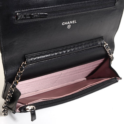 Chanel Lambskin Camellia Embossed Wallet on Chain WOC Black 5 of 7