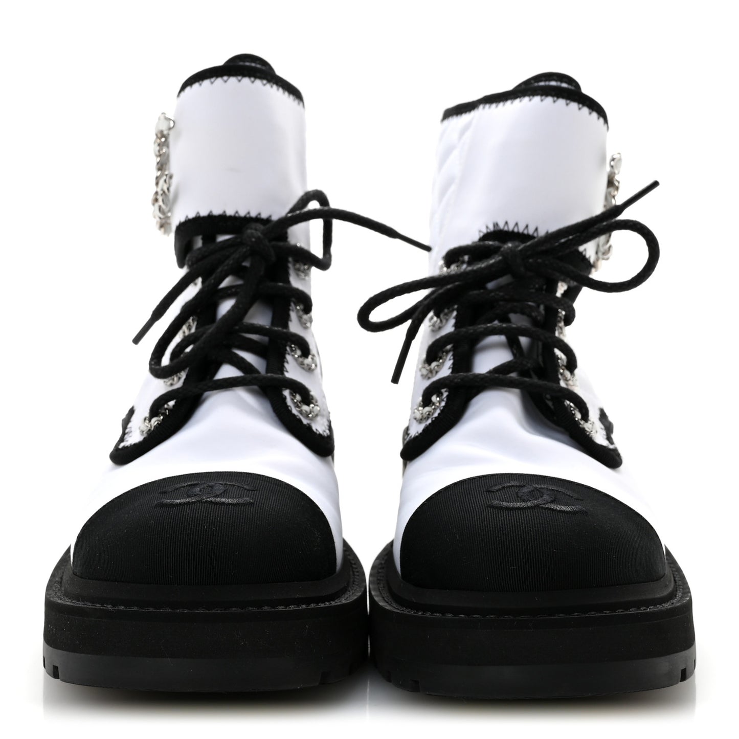 Fabric Grosgrain Quilted Cap Toe Lace Up Combat Boots 36.5 White Black