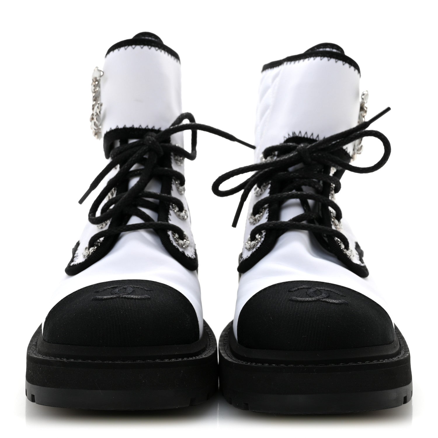 Chanel Fabric Grosgrain Quilted Cap Toe Lace Up Combat Boots 36.5 White Black 3 of 9