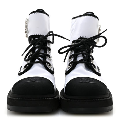 Chanel Fabric Grosgrain Quilted Cap Toe Lace Up Combat Boots 36.5 White Black 3 of 9