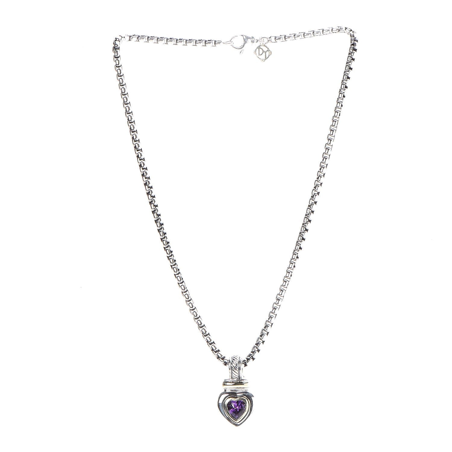 David Yurman Sterling Silver 14K Yellow Gold Amethyst Heart Pendant Necklace 3 of 8